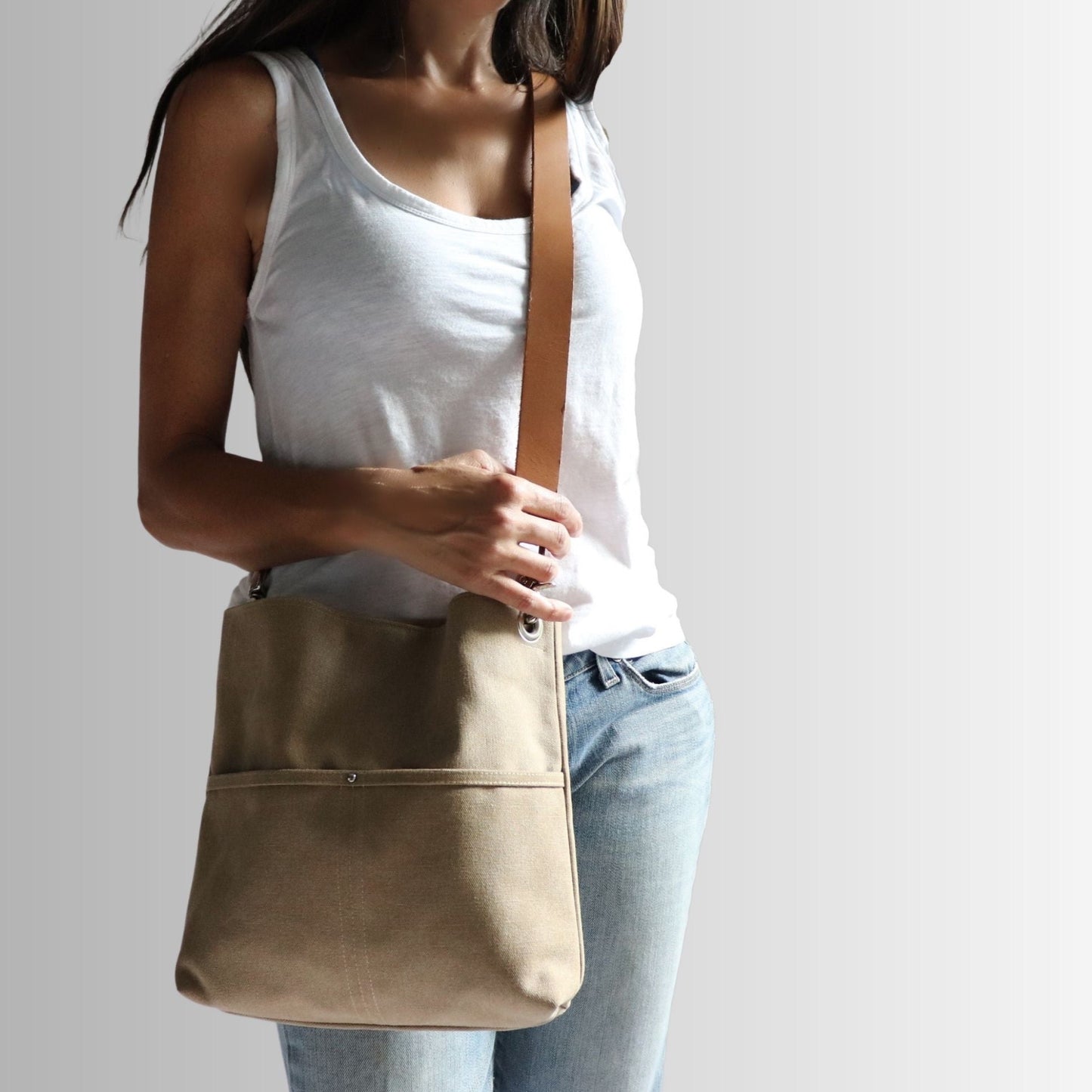 Canvas Hobo Bag, Bucket Bag in Khaki, Medium Size Tote Bag