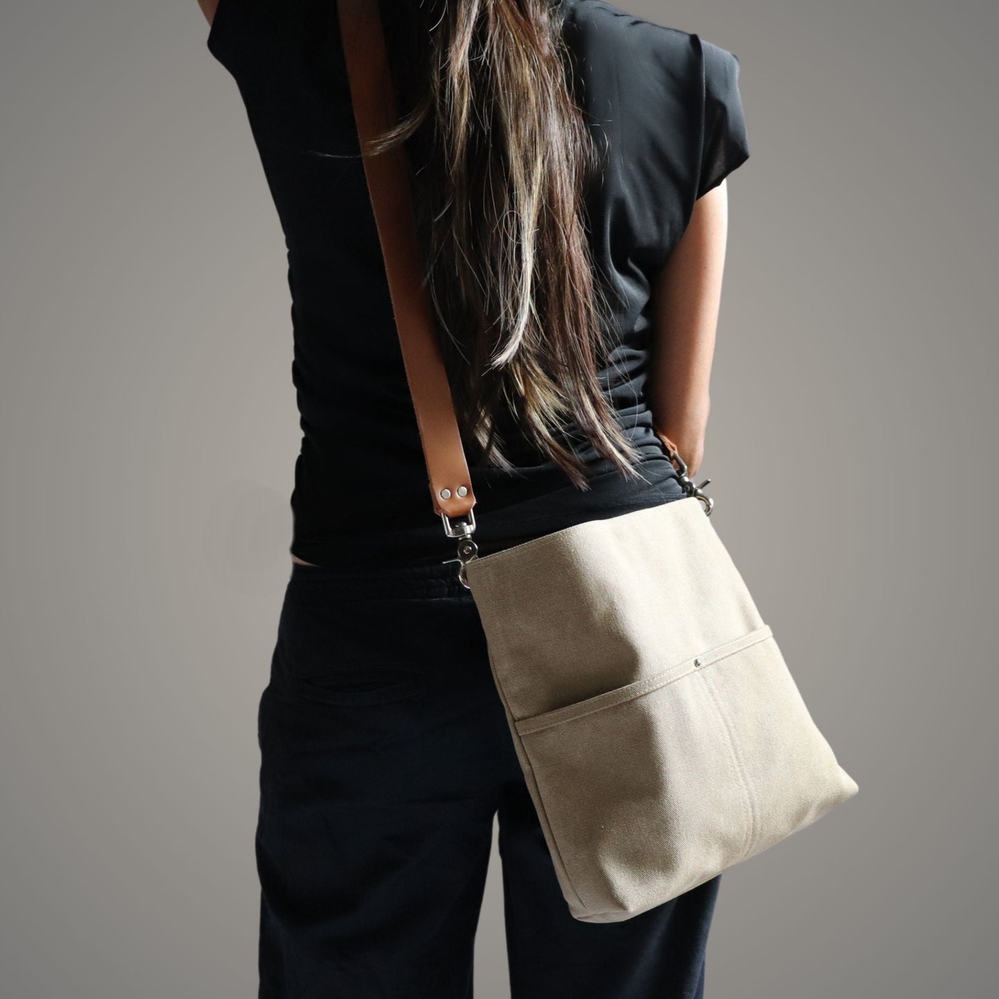 Canvas Hobo Bag, Bucket Bag in Khaki, Medium Size Tote Bag