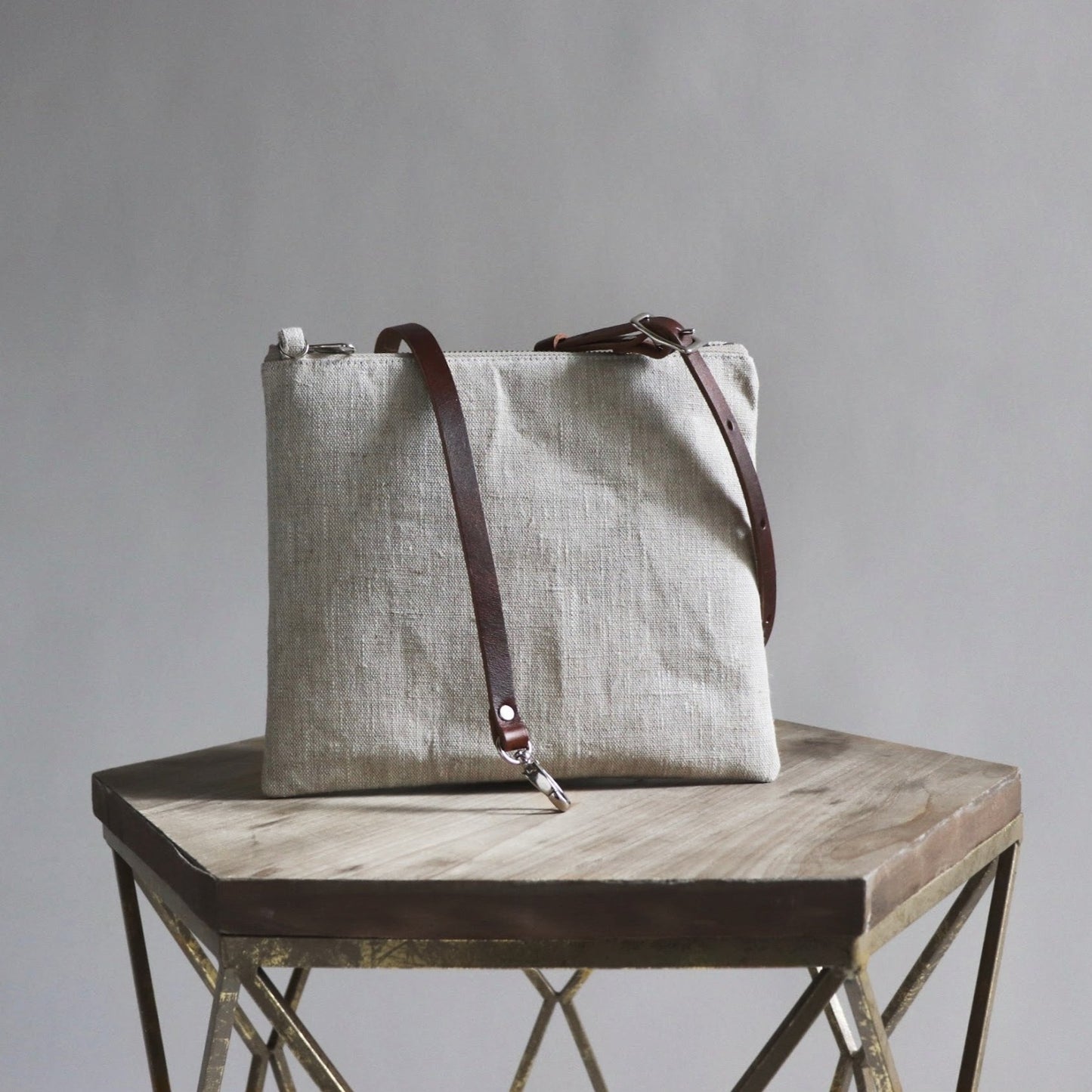 Crossbody Bag in Natural Linen and Leather