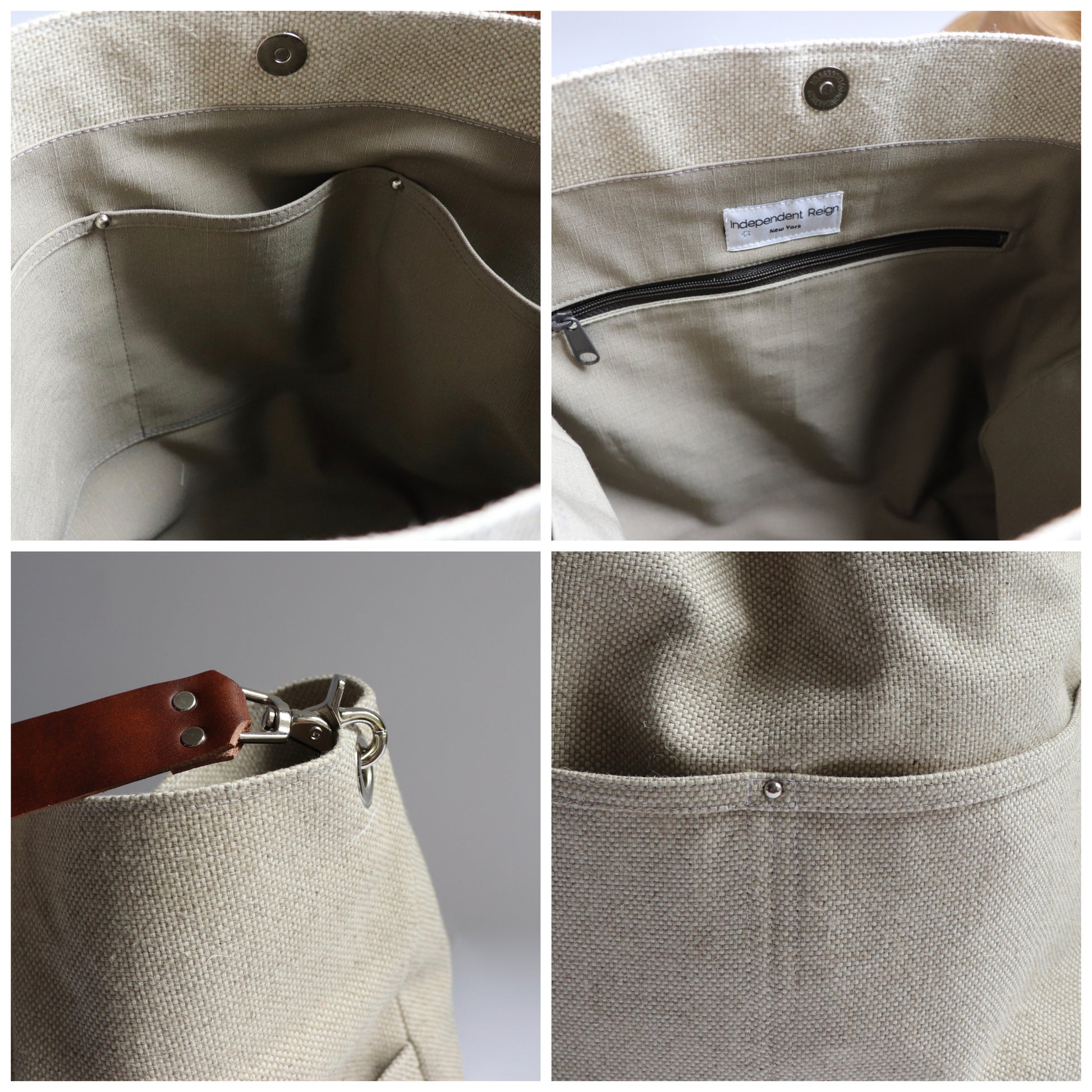 Interior pocket details for woven linen bag