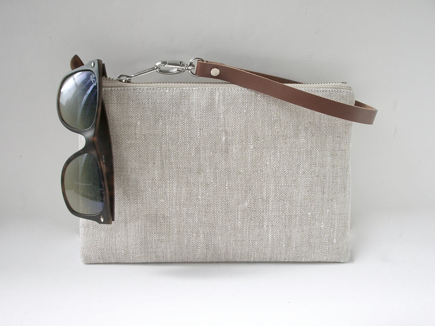 Clutch Bag in Natural Linen with Leather Wrist Strap